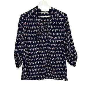 Poema Cat Print 3/4 Sleeve Tie Neck Blouse Top Black Multi Women's Size Large